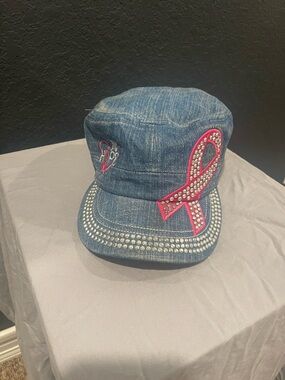 Denim Women's Cap with Pink Ribbon Crystal Accent